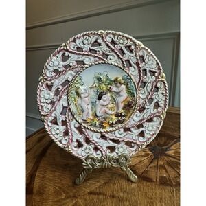 Hand Painted Italian Capodimonte Cherub Plate Porcelain Wall Decor Putti Relief